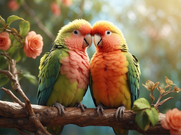 due pappagalli sono seduti su un ramo con fiori sullo sfondo