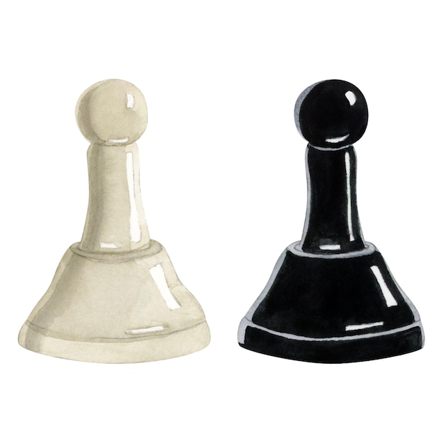 Due pedine degli scacchi in bianco e nero pezzi illustrazione dell'acquerello figurine per i disegni del giorno degli scacchi