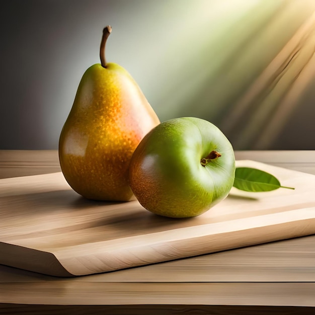 Due pere su un tavolo di legno con il sole che splende dietro di loro
