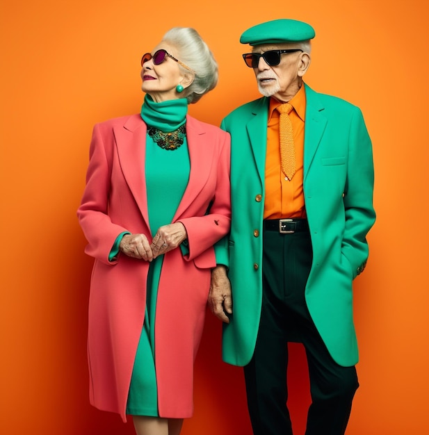 Due persone anziane colorate che posano insieme immagini moderne di invecchiamento