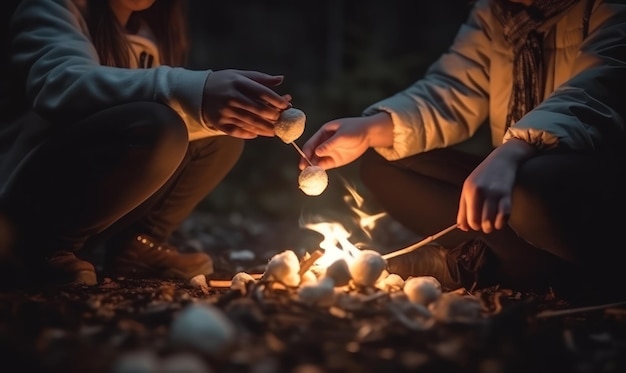 Due persone che arrostiscono marshmallow su un falò