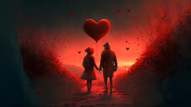 Due persone che camminano con un grande palloncino a forma di cuore sopra di loro per la rete neurale di San Valentino