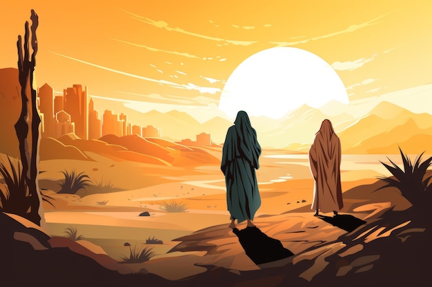 due persone che camminano nel deserto al tramonto