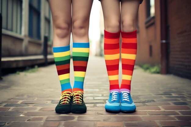 due persone che indossano calzini arcobaleno