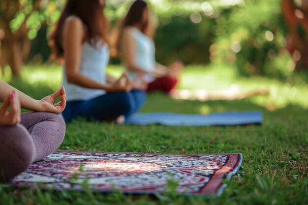 Due persone che meditano in un tranquillo parco si concentrano sul primo piano con lo sfondo sfocato