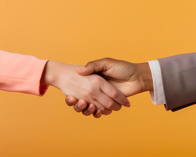 Due persone che si stringono la mano su uno sfondo arancione