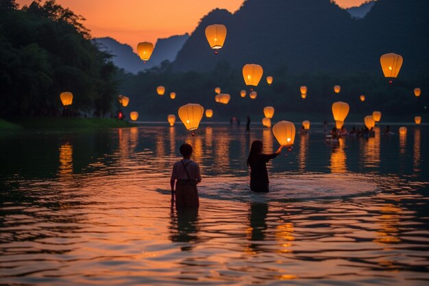 Due persone che tengono lanterne di carta che galleggiano nell'acqua al tramonto