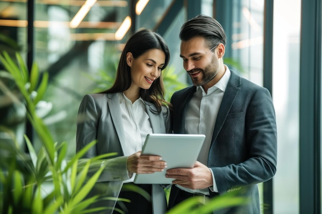 Due persone d'affari professionali felici, una donna e un uomo che lavorano insieme usando un tablet digitale