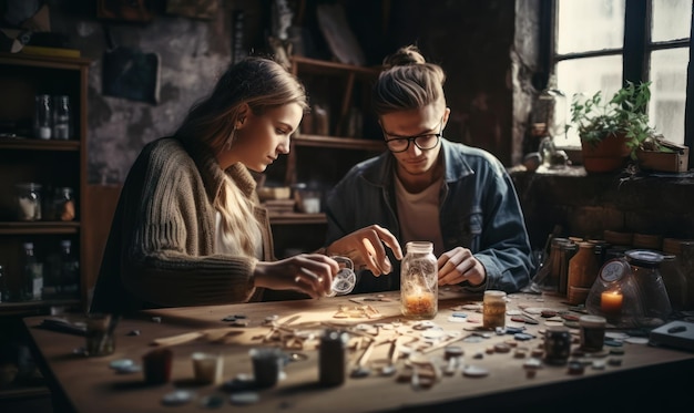 Due persone giocano a un gioco di legno con un pezzo di puzzle sul tavolo