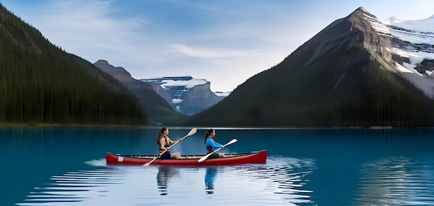 Due persone in canoa in un lago con sfondo di bellissime montagne