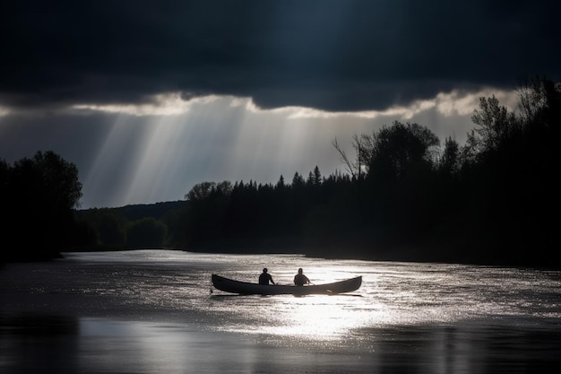 Due persone in canoa su un fiume sotto un cielo nuvoloso.