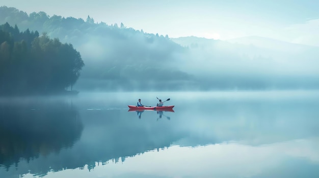 Due persone in kayak su un lago in una mattina nebbiosa l'acqua è calma e tranquilla