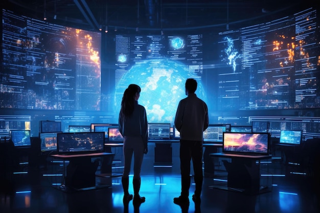 Due persone in piedi davanti a monitor luminosi Diagrammi di flusso di dati e numeri sullo schermo Illustrazione generativa di AI