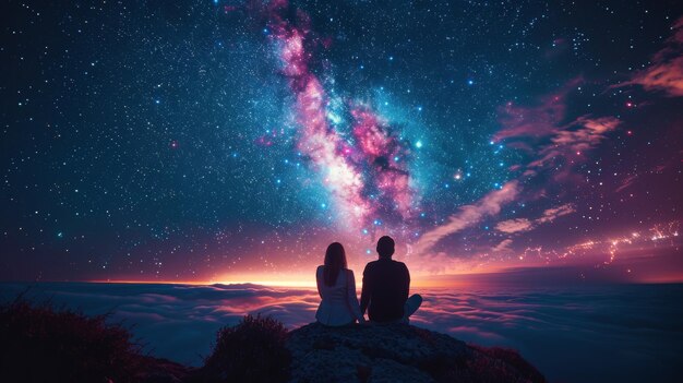 Due persone in piedi in cima a una montagna che guardano le stelle