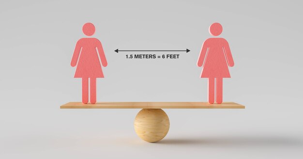 Due persone in piedi in legno bilancia in equilibrio per l'allontanamento sociale nel mezzo. Concetto di stare fisicamente separati per il controllo delle infezioni inteso a fermare o rallentare la diffusione del conoravirus COVID-19