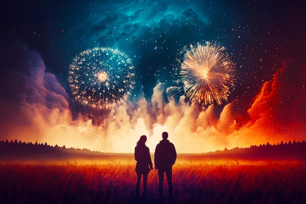 Due persone in piedi sul campo guardano i fuochi d'artificio che esplodono nel cielo notturno IA generativa