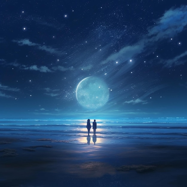 Due persone in piedi sulla spiaggia che guardano la luna