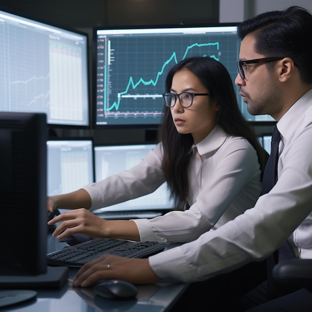 Due persone lavorano al computer e una indossa gli occhiali.