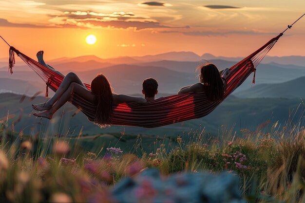 Due persone sedute in un'amaca al tramonto