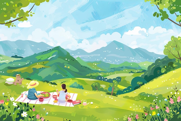 Due persone si godono un picnic con cibo e bevande su una coperta con vista su una bellissima valle di montagna in una giornata di sole generativa AI