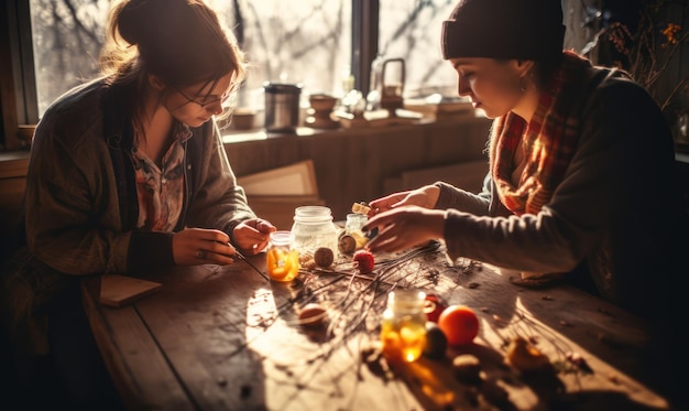 Due persone siedono a un tavolo, una delle quali tiene in mano una tazza di vernice.