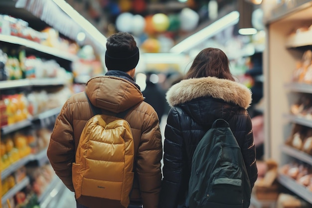 Due persone stanno camminando lungo un corridoio del supermercato.