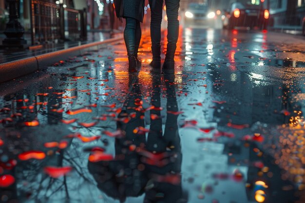 due persone stanno camminando sotto la pioggia con il riflesso di una macchina in strada