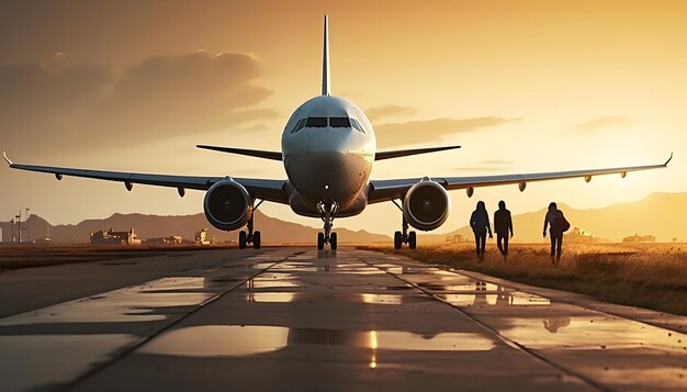 due persone stanno camminando sulla pista con un aereo sullo sfondo