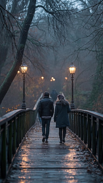Due persone stanno passeggiando su un ponte al crepuscolo.