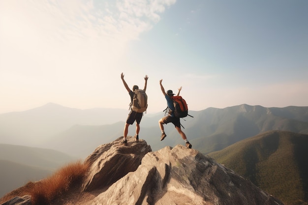 Due persone su una montagna con il cielo sullo sfondo