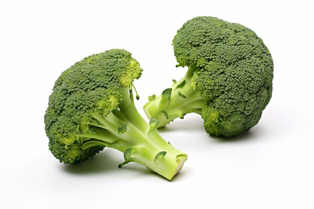 due pezzi di broccoli sono mostrati su una superficie bianca