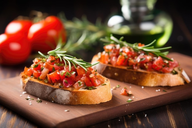 Due pezzi di bruschetta su un tagliere in pietra contornati da rametti di rosmarino