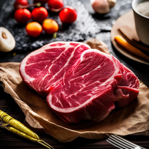 Due pezzi di carne sono su un tavolo con una forchetta e un coltello.