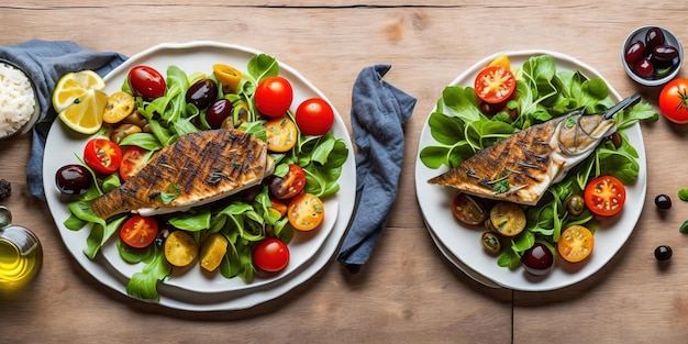 Due piatti di cibo con sopra pollo alla griglia, uno dei quali è un'insalata con pomodori e altro cibo.