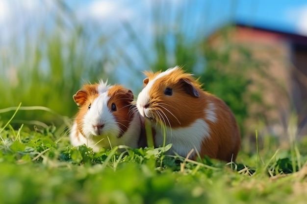 due piccoli animali marroni e bianchi in un'area erbosa