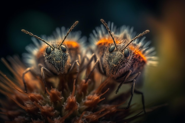 Due piccoli bug su un fiore con uno sfondo nero