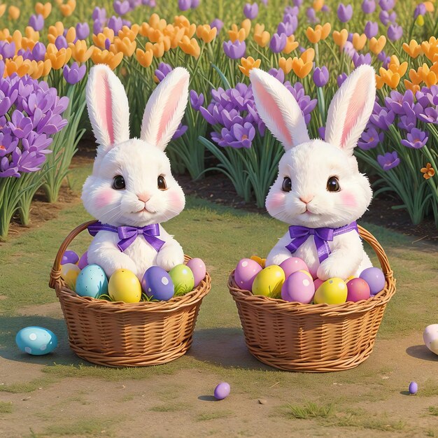 due piccoli conigli si siedono in un cesto con crocucci e uova colorate primavera Pasqua