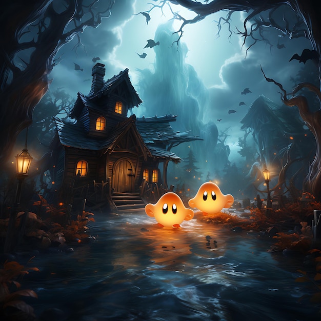 due piccoli fantasmi che volano attraverso una vecchia e spettrale casa in stile pixar dai colori forti