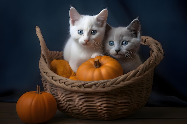 Due piccoli gatti in un cesto di vimini con una zucca su uno sfondo scuro zucca come piatto di ringraziamento per il raccolto