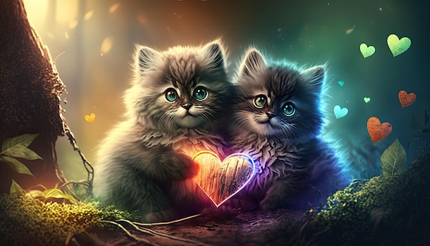 Due piccoli gattini tengono il cuore nelle zampe su sfondo colorato riflesso lente carino in amore gatti