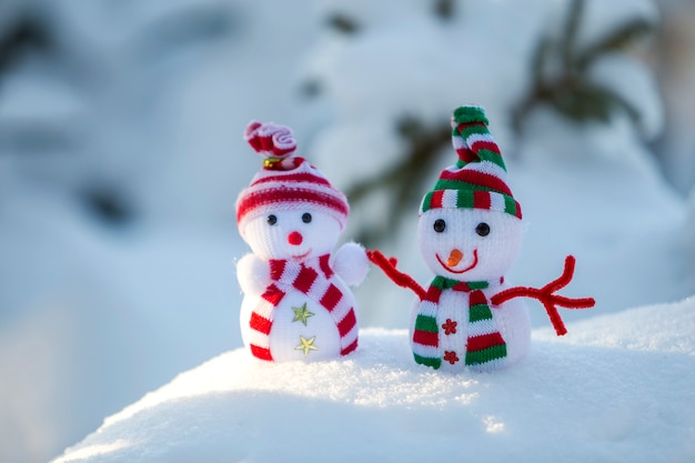 Due piccoli giocattoli divertenti pupazzo di neve del bambino in cappelli e sciarpe tricottati in neve profonda all'aperto sul fondo blu luminoso e bianco dello spazio della copia. Cartolina d'auguri di felice anno nuovo e buon Natale.