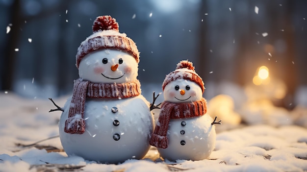 Due piccoli giocattoli divertenti pupazzo di neve per bambini in cappelli lavorati a maglia e sciarpe nella neve profonda all'aperto sul blu brillante a