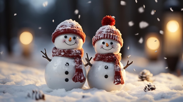 Due piccoli giocattoli divertenti pupazzo di neve per bambini in cappelli lavorati a maglia e sciarpe nella neve profonda all'aperto sul blu brillante a