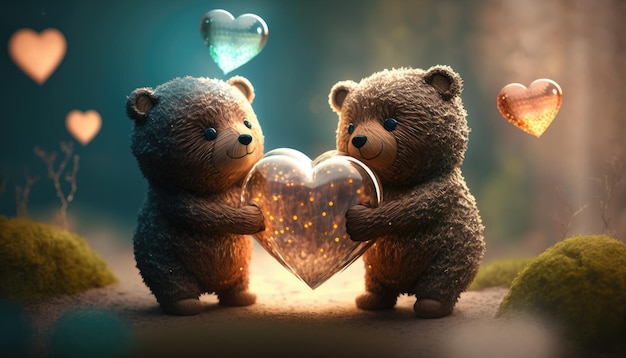 Due piccoli orsetti giocattoli tengono il cuore nelle zampe su sfondo colorato riflesso lente carino in amore orsacchiotti