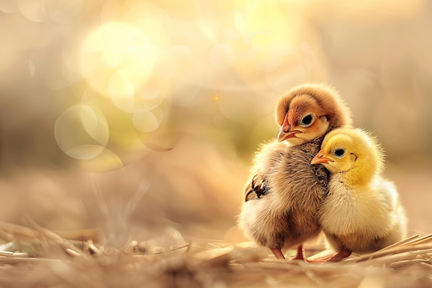 Due piccoli polli amici in un allevamento di pollame tradizionale Agricoltura biologica