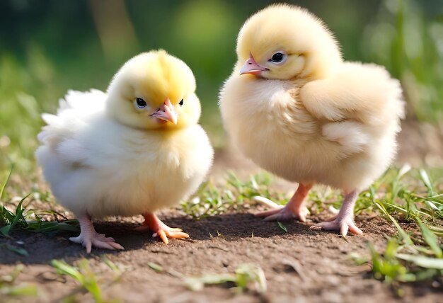 due piccoli polli sono in piedi a terra uno dei quali è giallo