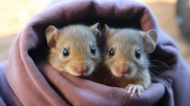 due piccoli roditori avvolti in una coperta che si prendono cura di animali orfani World Wildlife Conservation close-up di alta qualità