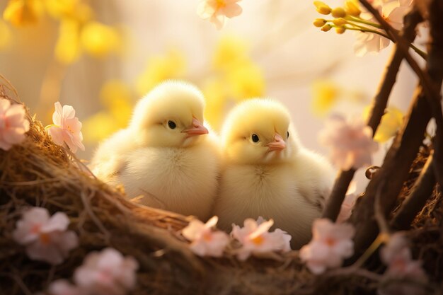 Due piccoli uccelli seduti in un nido tra fiori con ali e becchi piumati