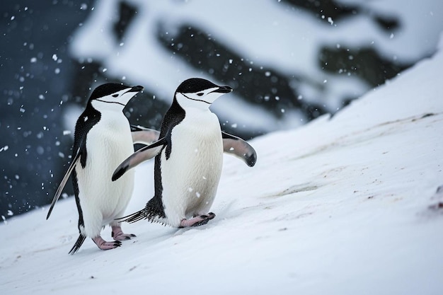 due pinguini stanno camminando insieme nella neve