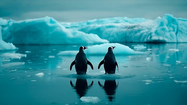 Due pinguini su uno sfondo di ghiaccio IA generativa